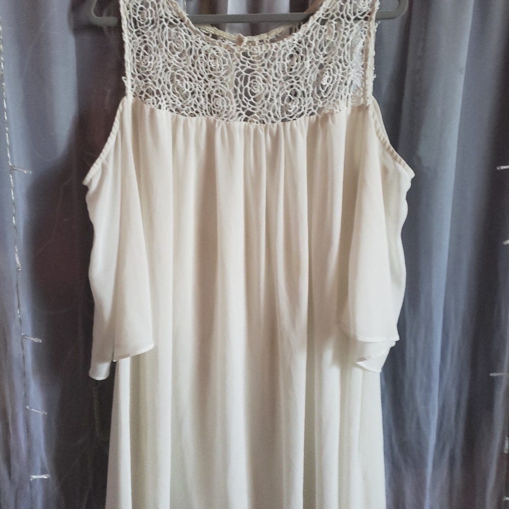 Open shoulder, lace front white dress